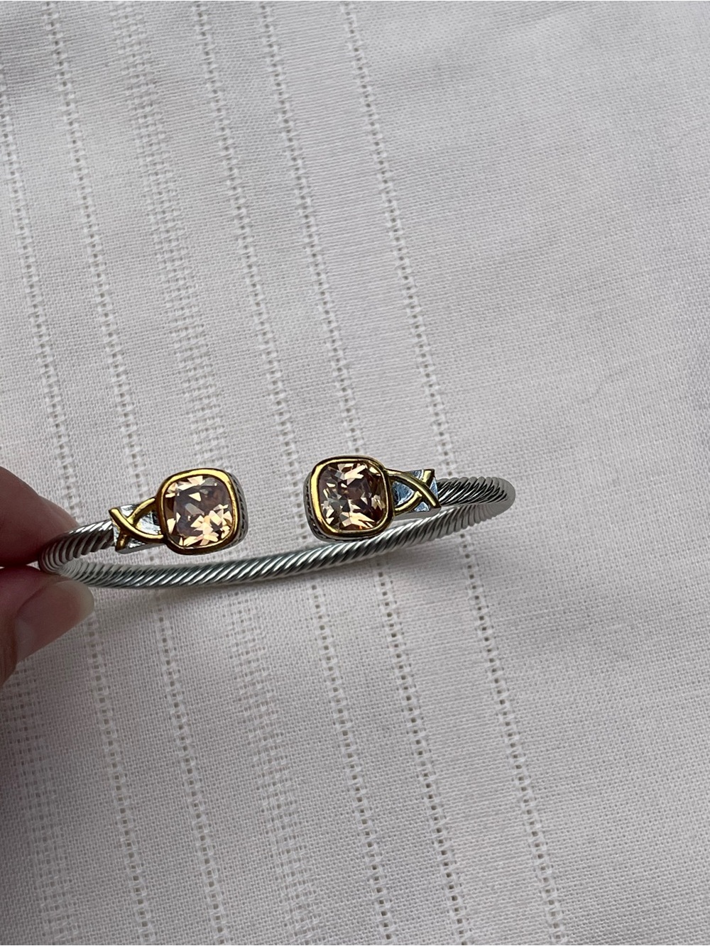 Gold Accent Silver Cable Cuff Bracelet with Champagne Stones - Women Jewelry - Picture 7 of 12